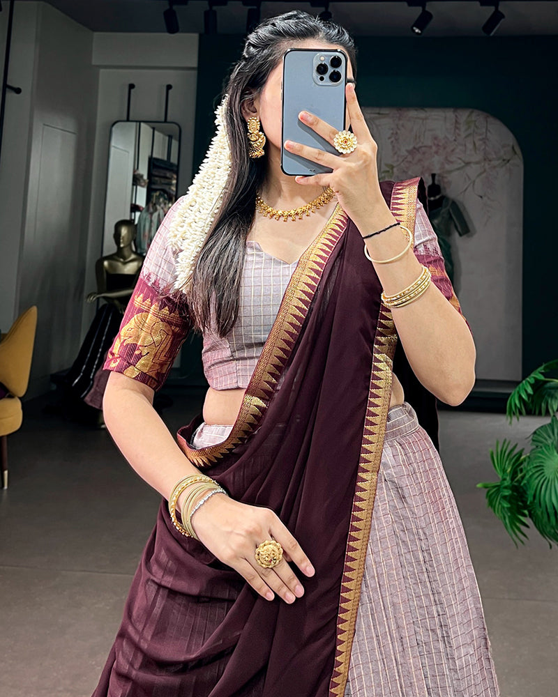 Dusty Luvender Color Poly Cotton Chex Onam Half Saree
