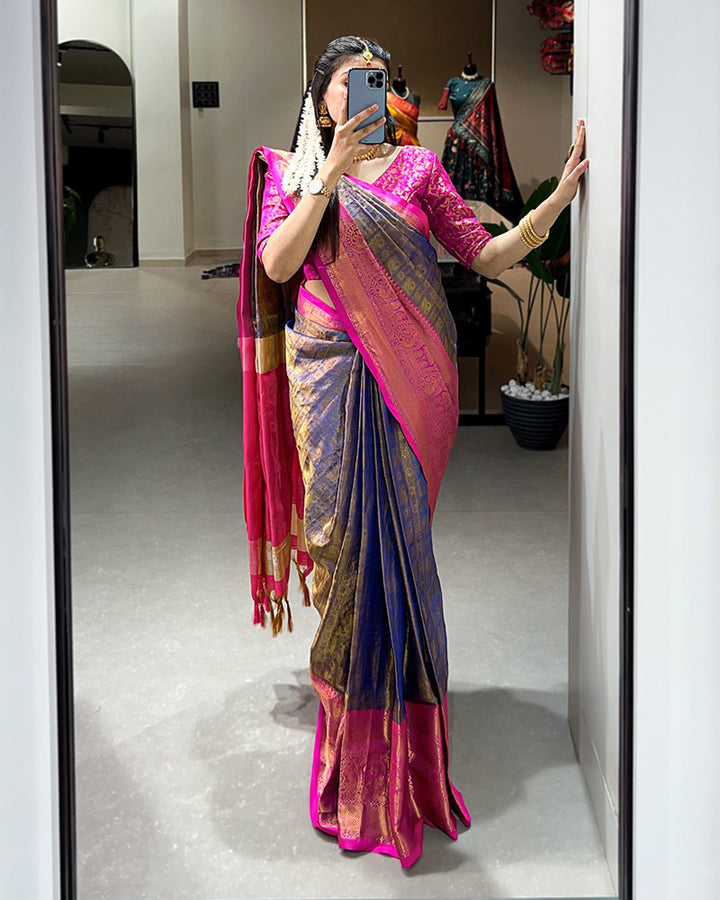 Designer Blue Color Kanjivaram Saree With Zari Weaving Work
