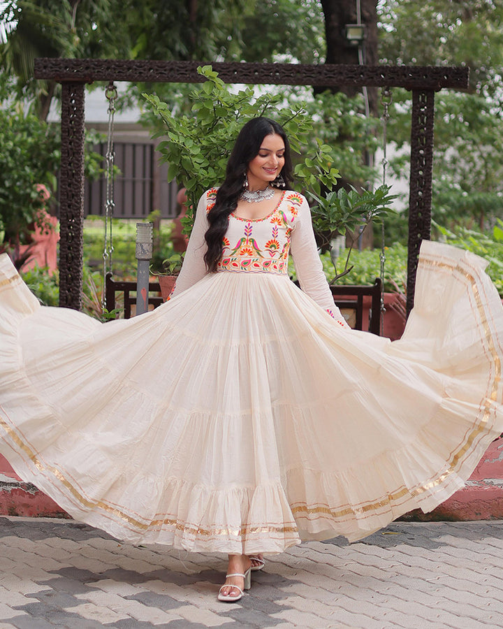 Elegant Off-White Kora Cotton Mirror Work Navratri Gown