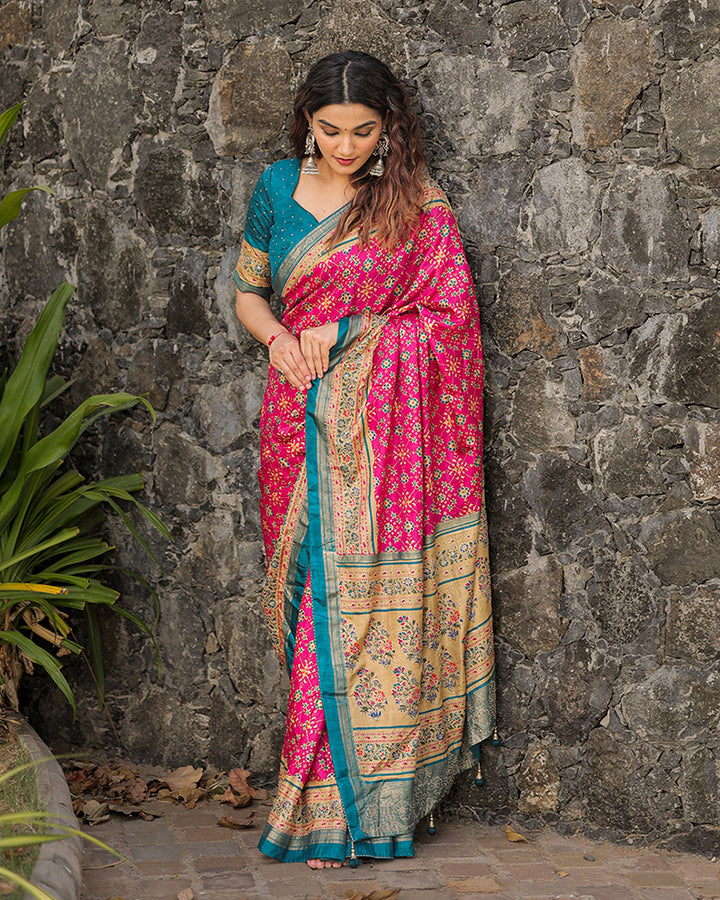 Pink Color Foil Print Stone Work Dola Silk Saree
