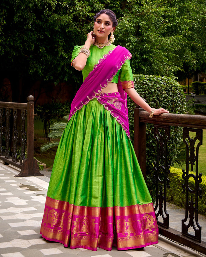 Parrot Green Color Poly Cotton Zari Weaving Half Saree