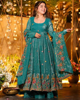 Teal Green Color Crunchy Silk Embroidered Sharara Suit