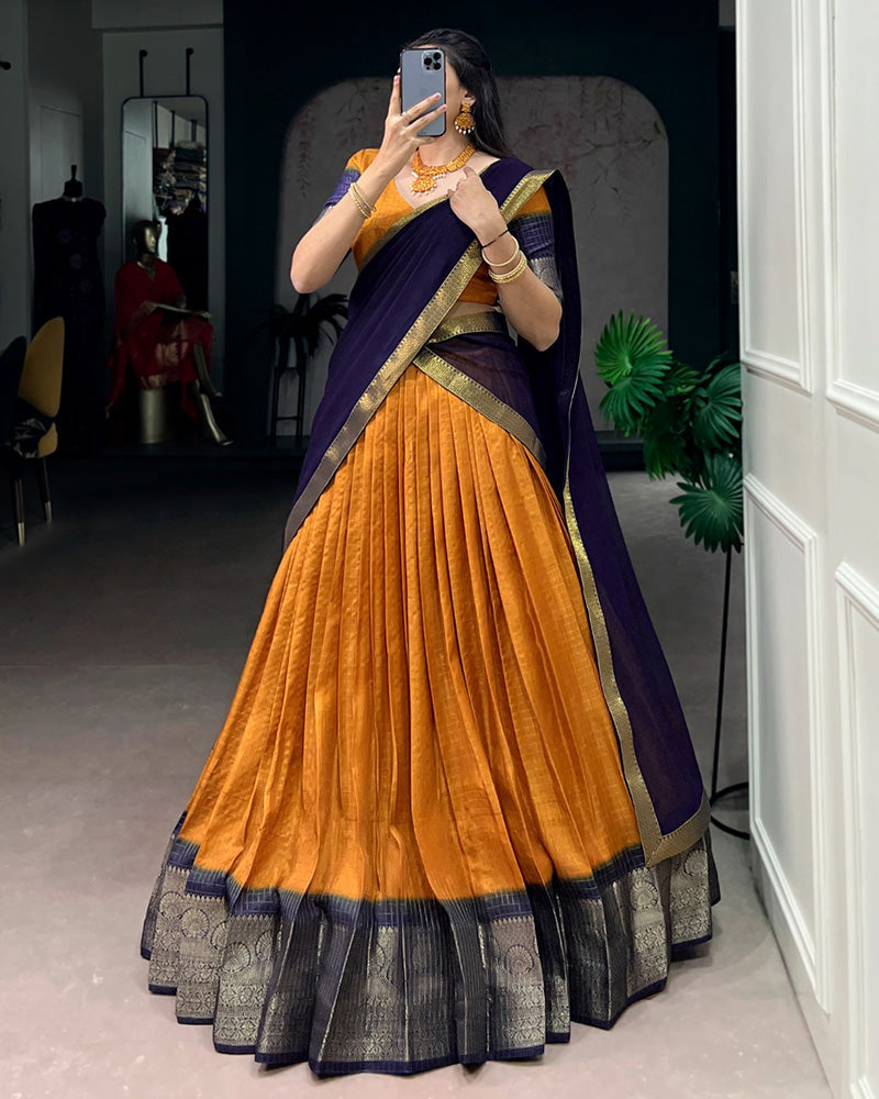 Mustard Color Dola Chex Zari Weaving Half Saree