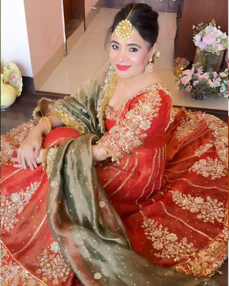 Orange Color Fandy Satin Embroidered Three Piece Anarkali Suit