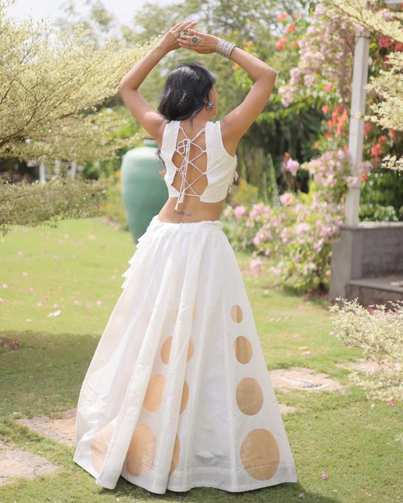 Traditional White Roman Silk Navratri Wear Lehenga Choli