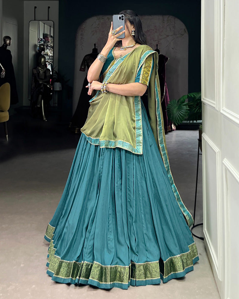 Teal Green Color Rayon Zari Weaving Navratri Lehenga Choli