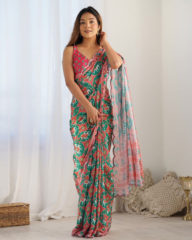 Bottle Green Color Chinnon Silk Printed Saree