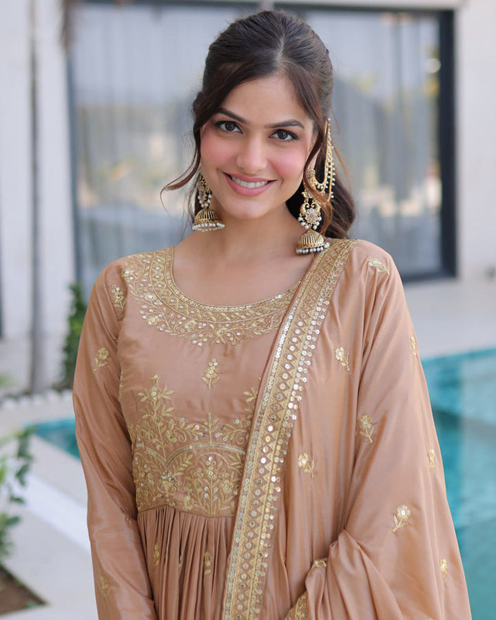 Chikoo Color Super Silk Embroidered Sharara Suit