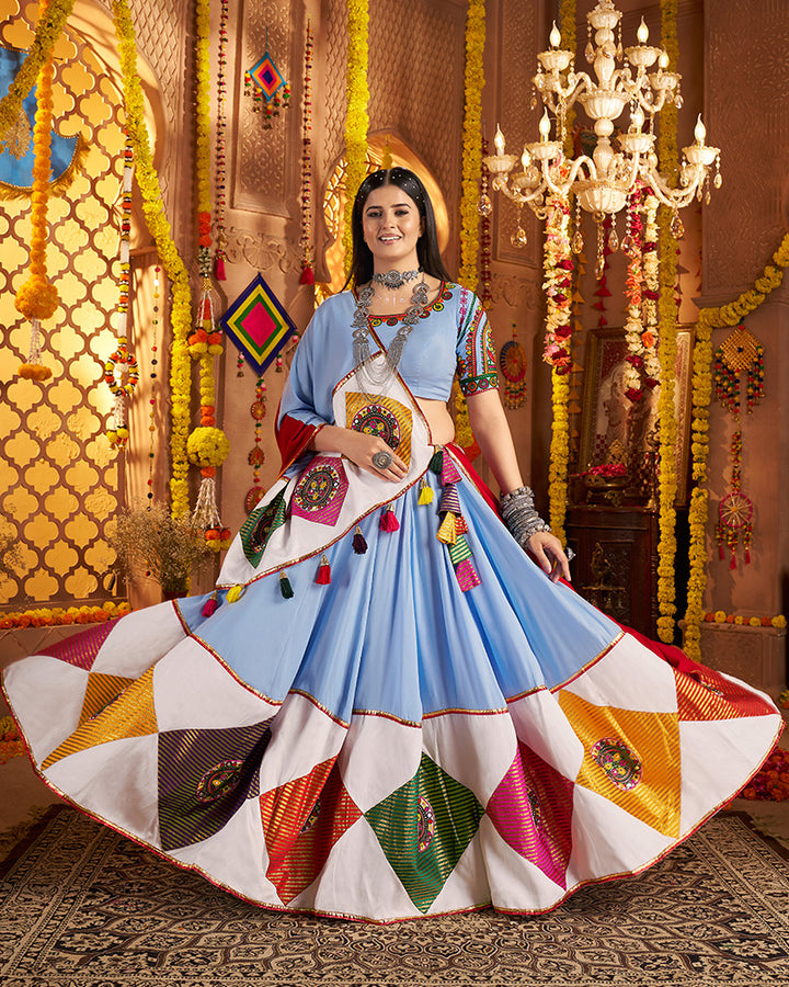 Traditional Sky Blue Color Mirror Work Navratri Lehenga Choli