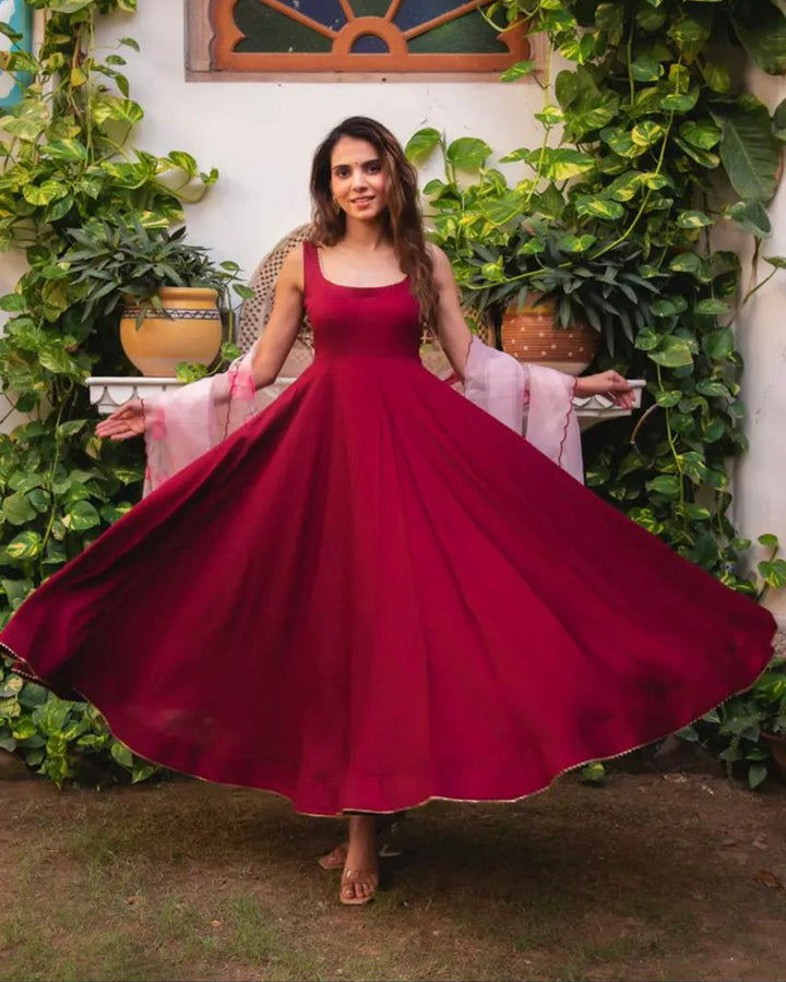 Reddish Maroon Color Pure Chinon Three Piece Anarkali Suit