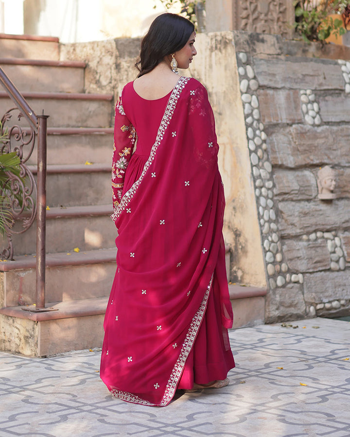 Designer Rani Pink Color Gown With Sequence Embroidered Dupatta
