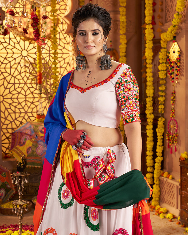 White Traditional Choli With Colorful Embroidery And Mirror