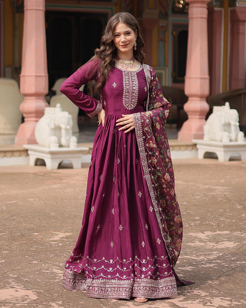 Beautiful Wine Color Chinnon Gown With Embroidered Dupatta