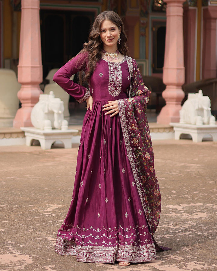 Beautiful Wine Color Chinnon Gown With Embroidered Dupatta