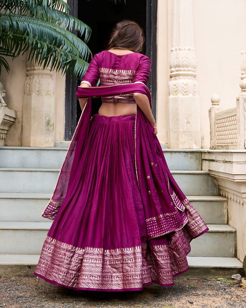 Wine Color Pure Chanderi Plain Navratri Half Saree