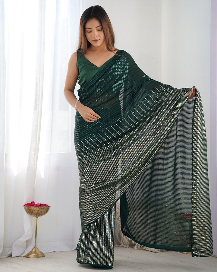 Green Color Heavy Georgette Sequence Embroidered Saree