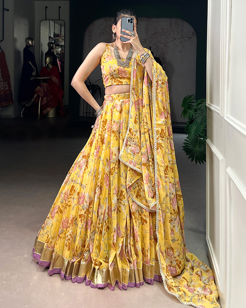 Yellow Color Chiffon Floral And Foil Printed Lehenga Choli