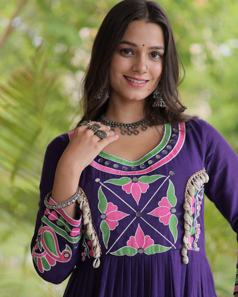 Two Color Kora Cotton with Multi Thread Embroidered Navratri Gown