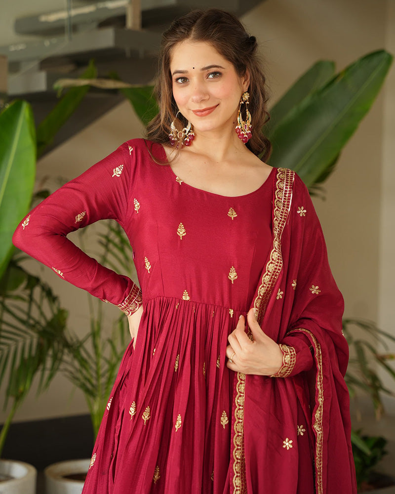 Beautiful Red Color Chinnon Gown With Embroidered Dupatta