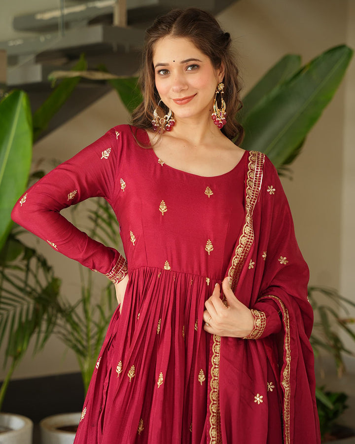 Beautiful Red Color Chinnon Gown With Embroidered Dupatta