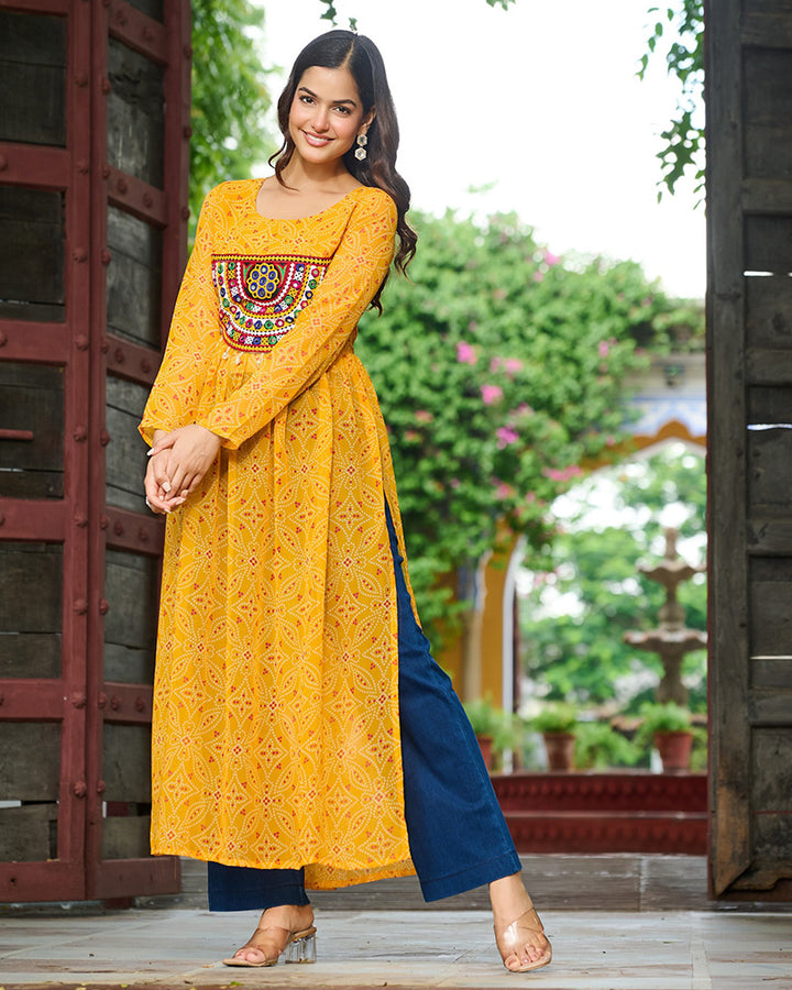 Elegant Yellow Georgette Bandhani Print Kurti