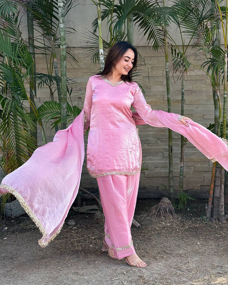 Baby Pink Color Fendi Satin Silk Farshi Salwar Suit