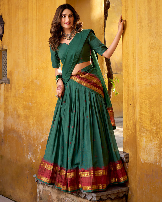 Traditional Teal Green Color Chanderi Half Saree With Zari Detailing