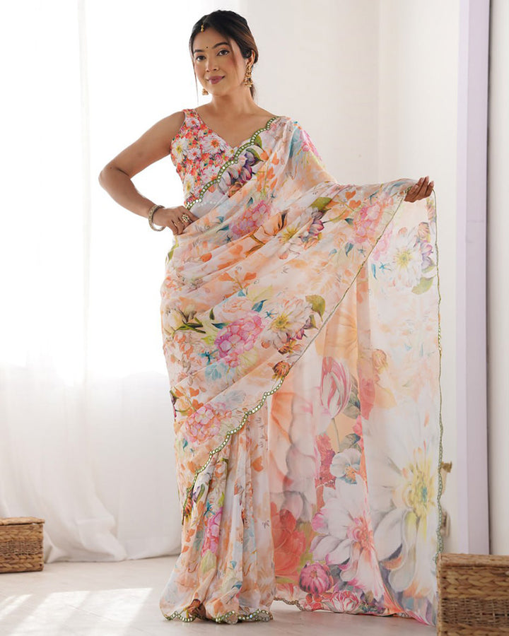 Peach Color Chinnon Silk Printed Saree
