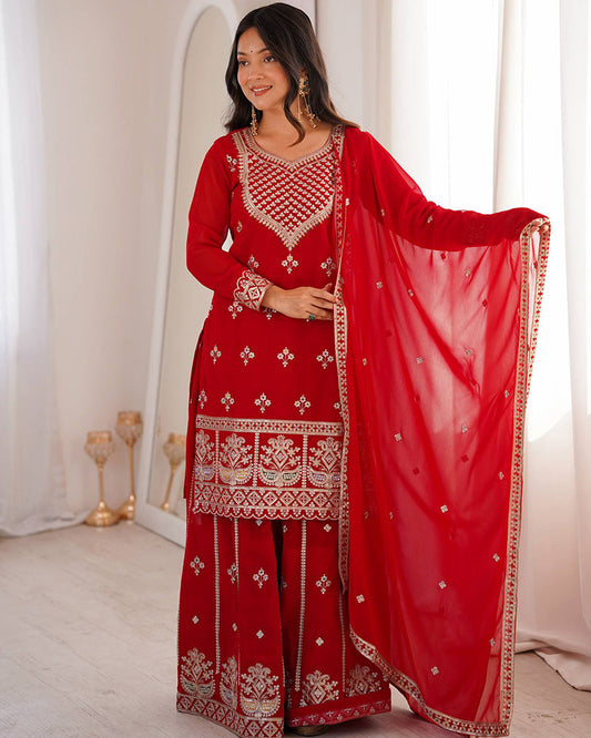 Royal Red Color Faux Georgette Embroidered Plazzo Suit