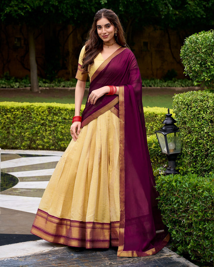 Wine Kanchipuram Silk Half Saree Zari Weaving