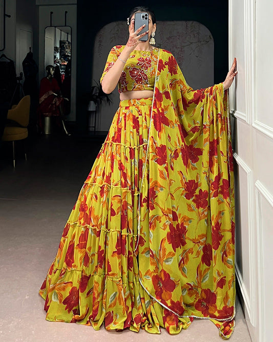 Olive Yellow Color Marble Floral Printed Lehenga Choli