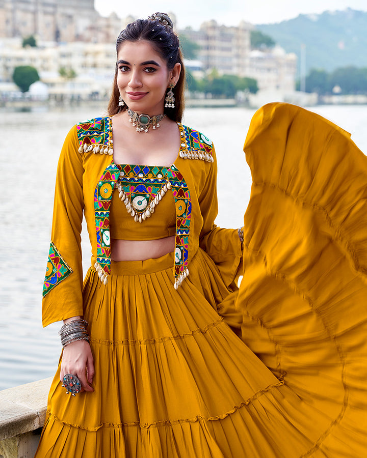 Mustard Color Pure Rayon Ruffle Style Navratri Lehenga Choli