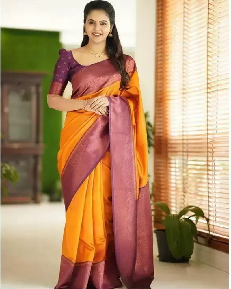 Designer Mustard Color Jacquard Banarasi Silk Saree