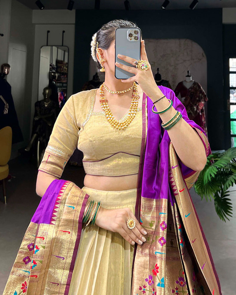Designer Cream Color Erode Jacquard Paithani Silk Lehenga Choli