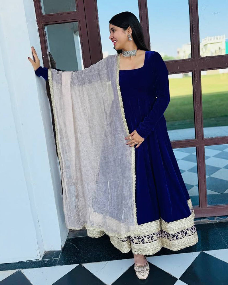 Navy Blue Color Pure Viscose Velvet Anarkali Suit