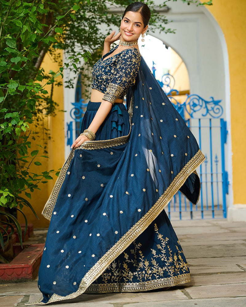Rama Color Vichitra Silk Sequence Embroidered Lehenga Choli