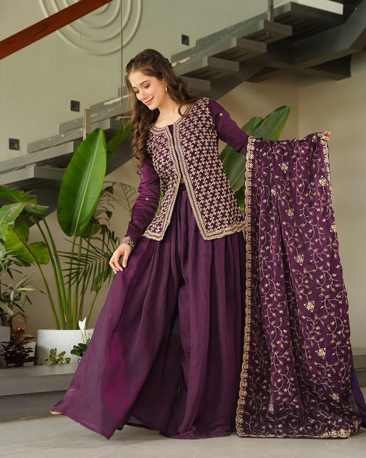 Elegant Wine Embroidered Sharara Set with Dupatta