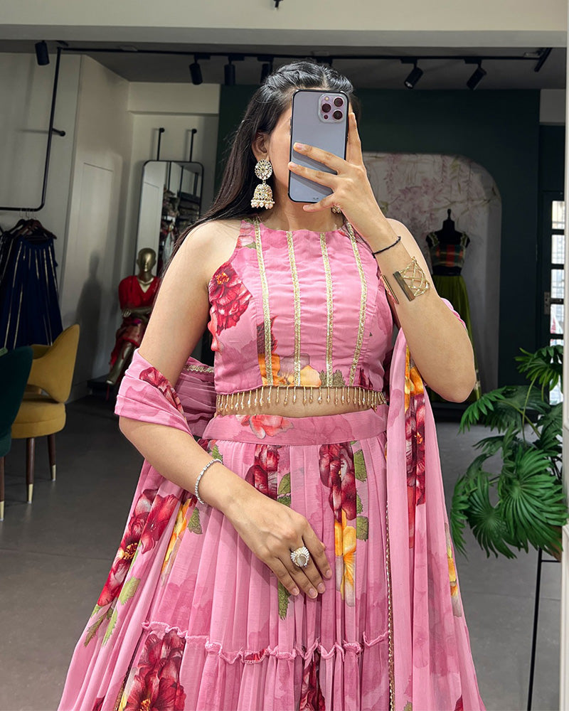 Pink Color Lightweight Chiffon Printed Lehenga Choli