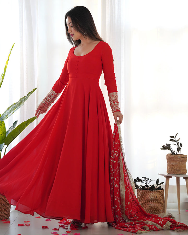 Red Color Soft Georgette Anarkali With Heavy Dupatta Work