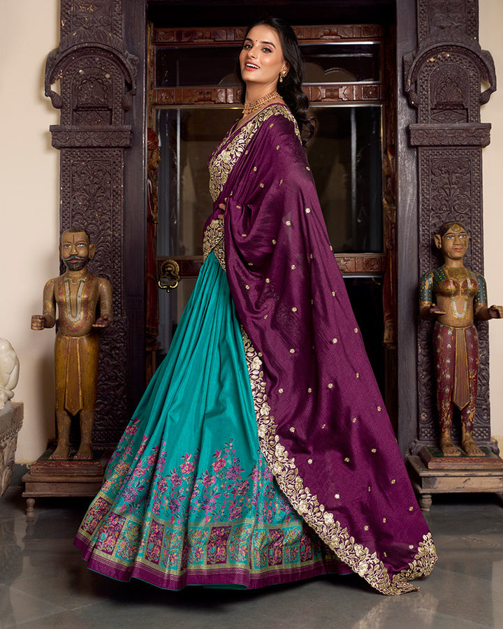 Firozi Color Tussar Silk Printed Lehenga Choli