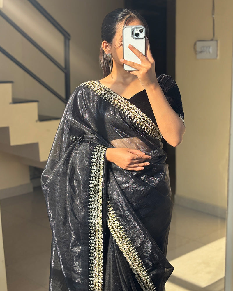 Black Color Soft Twil Net Embroidered Saree