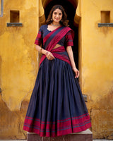 Navy Blue Color Pure Chanderi Threaded Half Saree