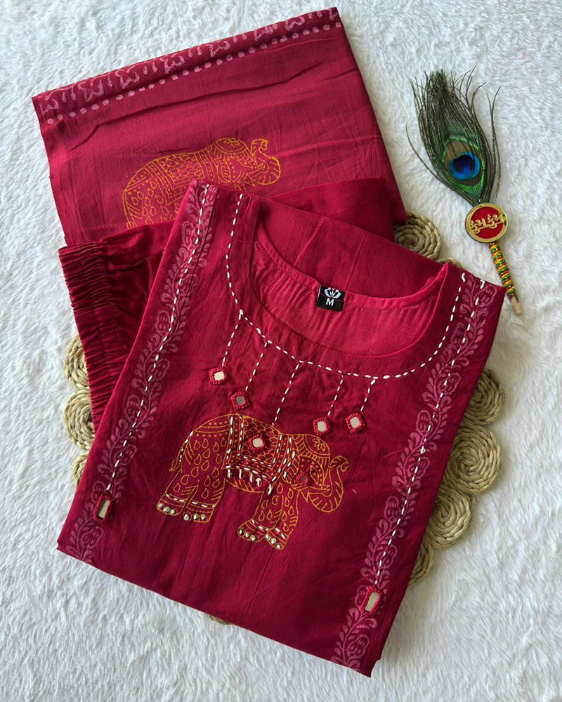 Cherry Red Color Pure Cotton Three Piece Kurti Suit