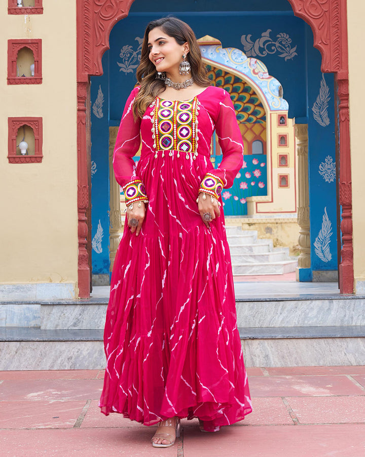 Navratri Special Pink Color Faux Georgette Laheriya Print Gown