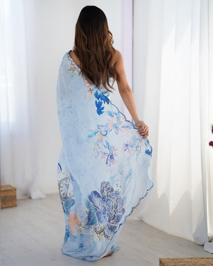 Ocean Color Chinnon Silk Mirror Work Saree