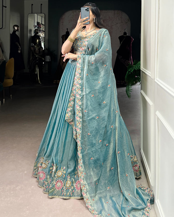 Designer Sky Blue Color Zari Shimmer Lehenga Choli