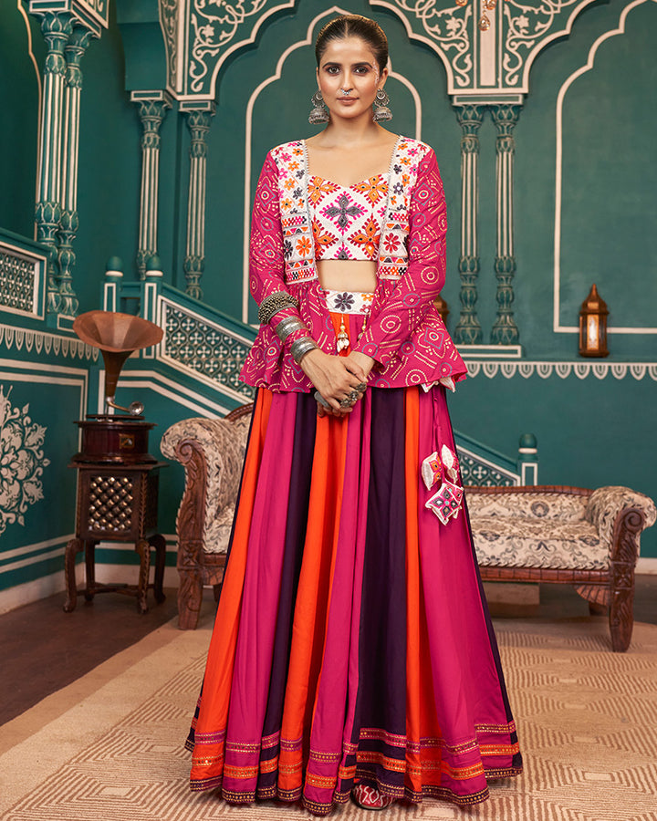 Pink Multi Color Rayon Navratri Lehenga Choli