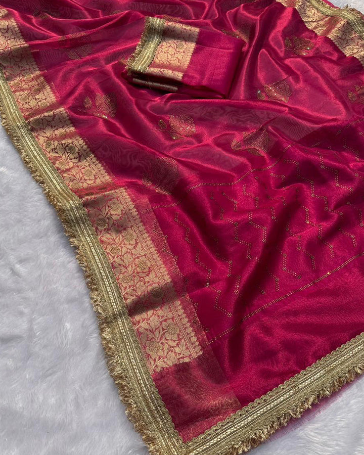 Premium Rani Pink Color Organza Tissue Silk Saree