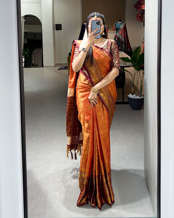Designer Orange Color Kanjivaram Saree With Zari Weaving Work