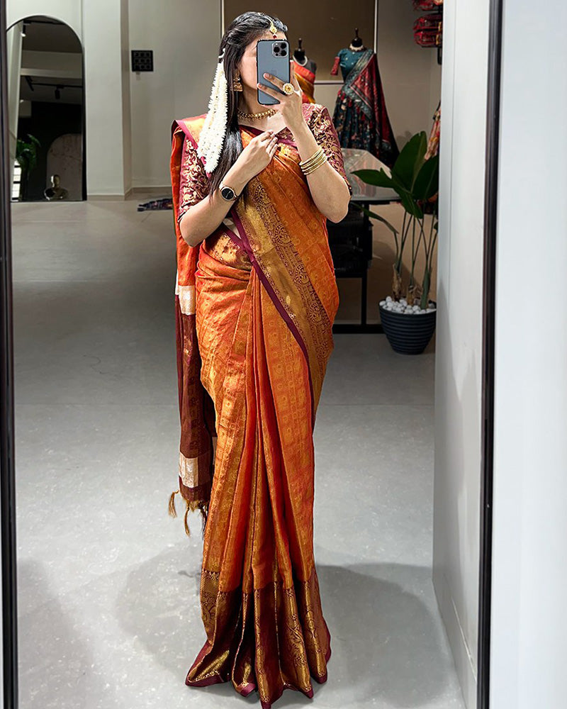 Designer Orange Color Kanjivaram Saree With Zari Weaving Work